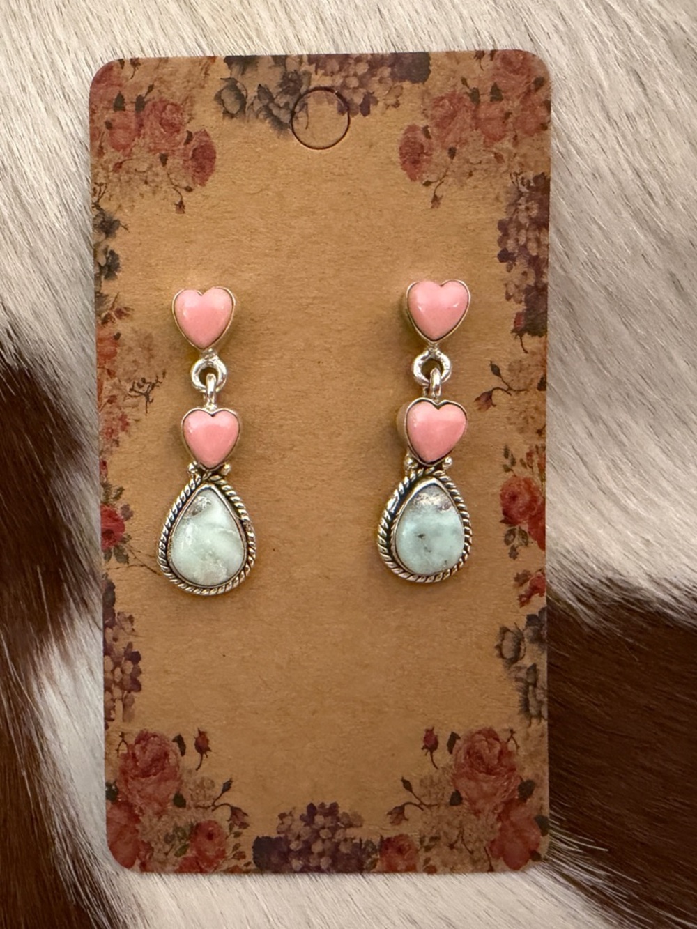❤️Paloma Variscite & Queen Pink Conch High Quality Dangle Sterling Earrings 6.8G